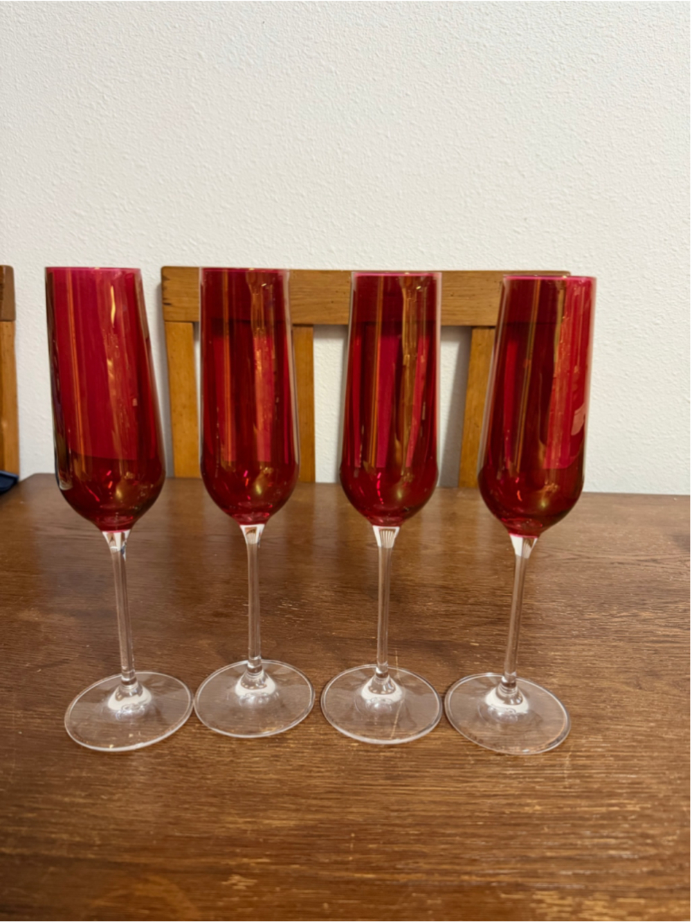 Vintage Ruby Red Champagne Flutes Set of 4 Clear Stem Glasses Retro Barware